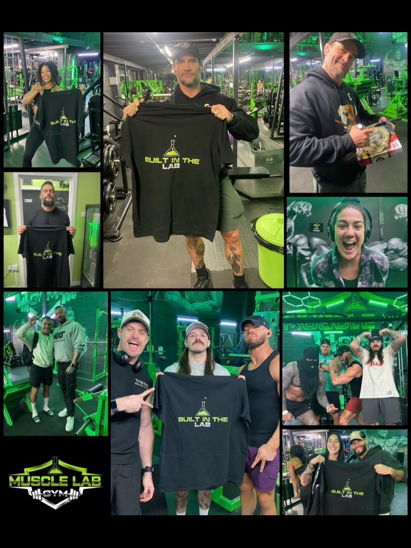 Collage of WWE superstars training and posing at Muscle Lab Gym